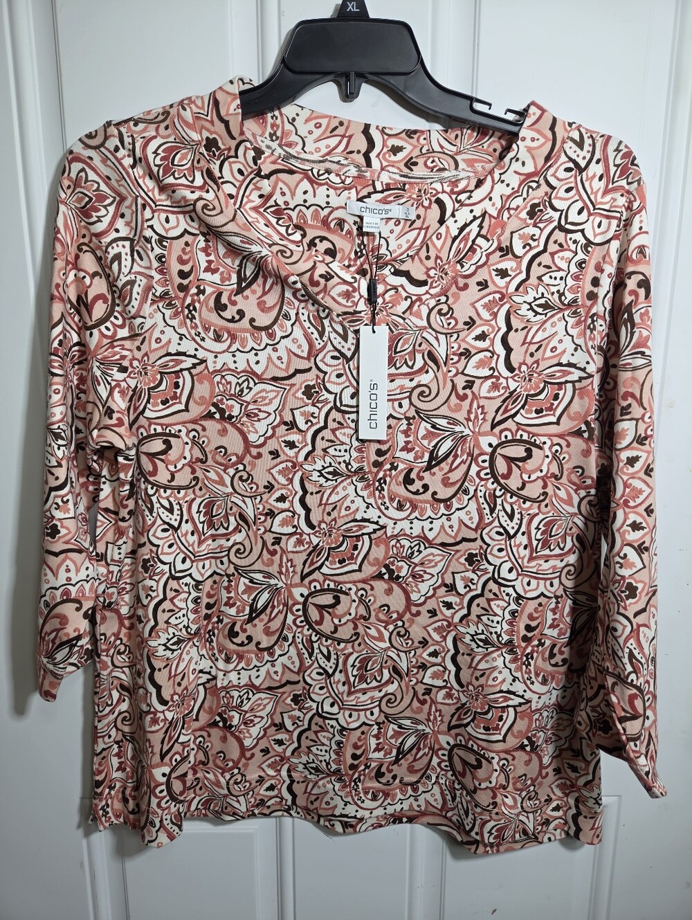 NWT Chico's Paisley Pima Cotton 3/4 Sleeve V-Neck Top Size 3 / US XL Rose Smoke